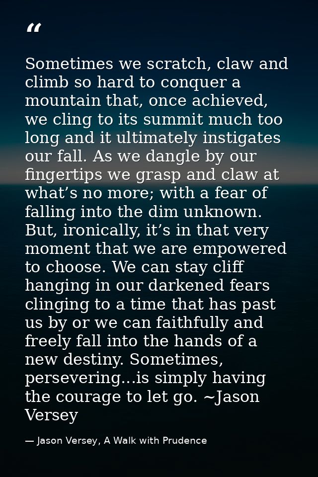 Sometimes we scratch, claw and climb so hard to conquer a mountain that, once achieved, we cling to its summit much too  — Jason Versey, A Walk with Prudence