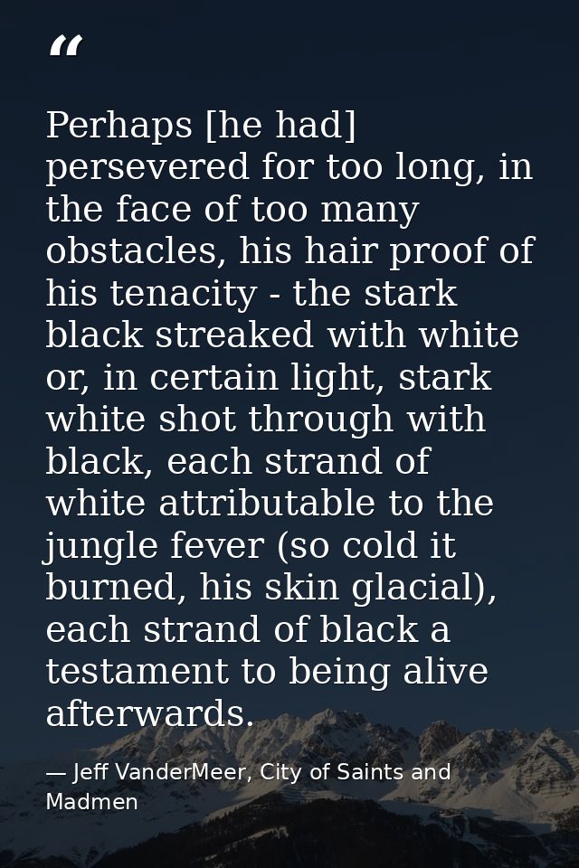 Perhaps [he had] persevered for too long, in the face of too many obstacles, his hair proof of his tenacity - the stark  — Jeff VanderMeer, City of Saints and Madmen