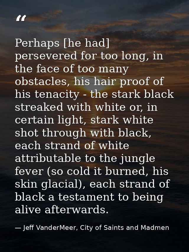 Perhaps [he had] persevered for too long, in the face of too many obstacles, his hair proof of his tenacity - the stark  — Jeff VanderMeer, City of Saints and Madmen