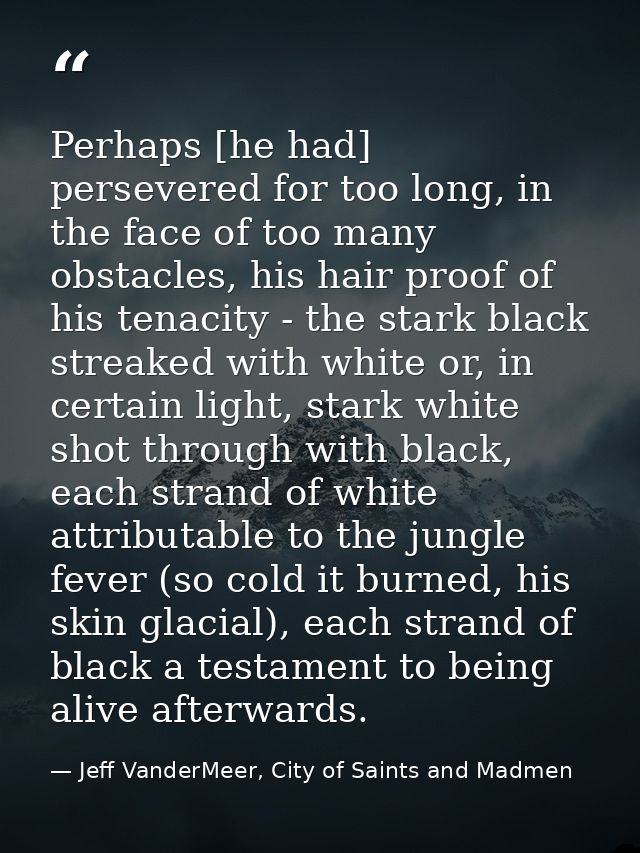 Perhaps [he had] persevered for too long, in the face of too many obstacles, his hair proof of his tenacity - the stark  — Jeff VanderMeer, City of Saints and Madmen