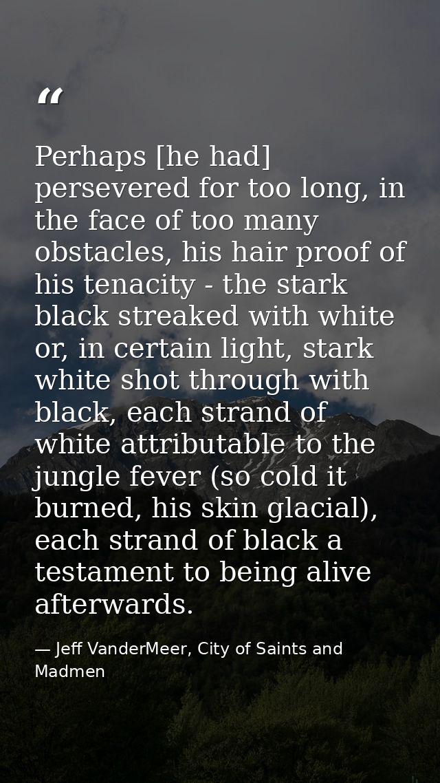 Perhaps [he had] persevered for too long, in the face of too many obstacles, his hair proof of his tenacity - the stark  — Jeff VanderMeer, City of Saints and Madmen