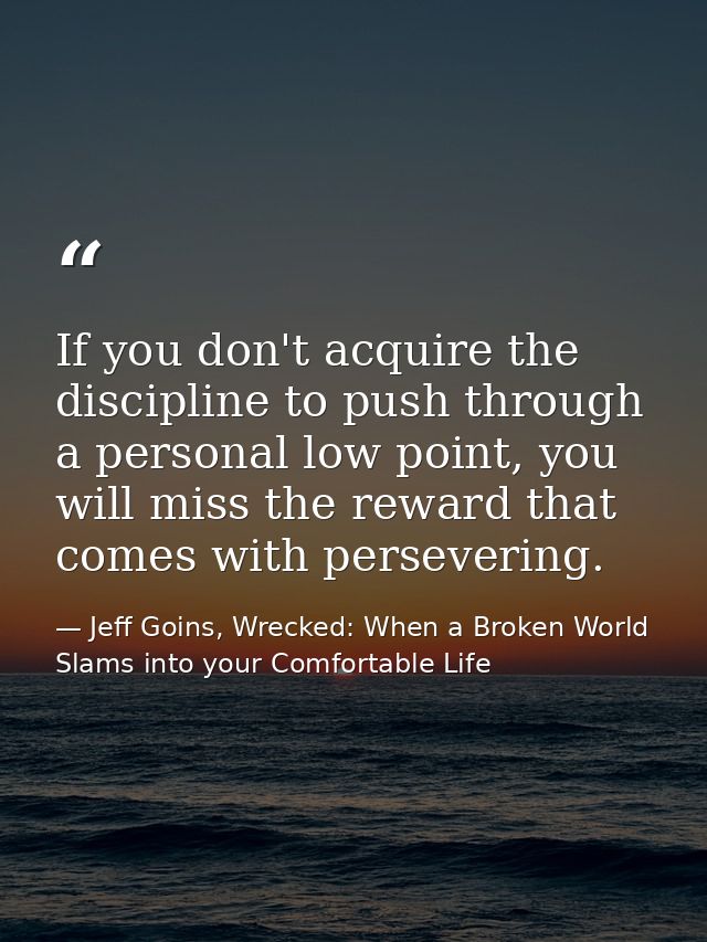 If you don't acquire the discipline to push through a personal low point, you will miss the reward that comes with perse — Jeff Goins, Wrecked: When a Broken World Slams into your Comfortable Life