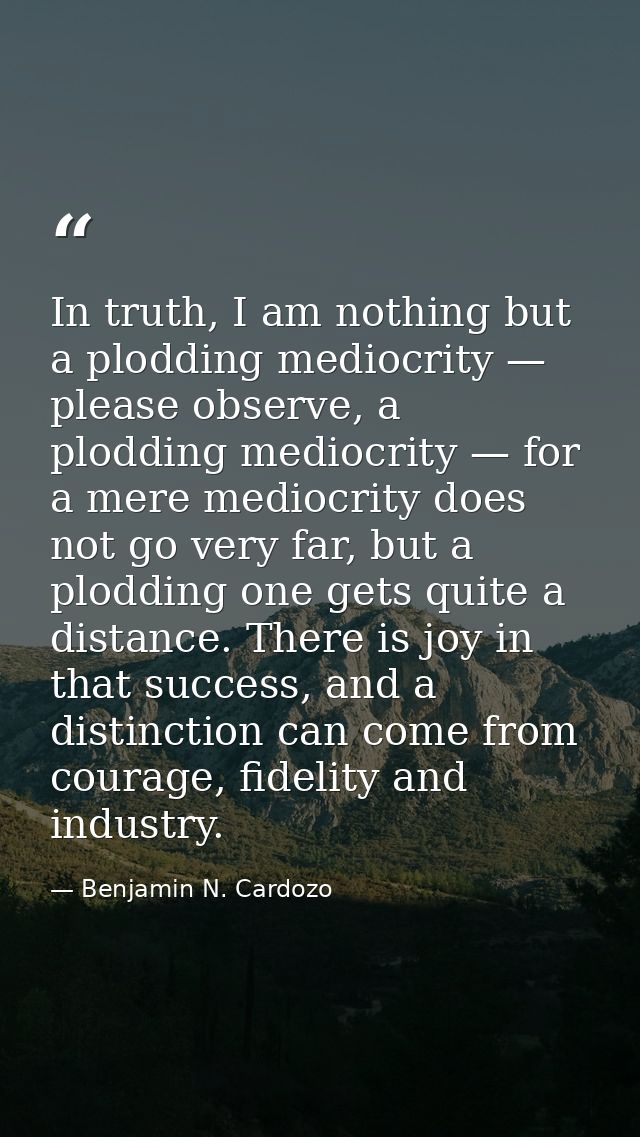 In truth, I am nothing but a plodding mediocrity — please observe, a plodding mediocrity — for a mere mediocrity does no — Benjamin N. Cardozo