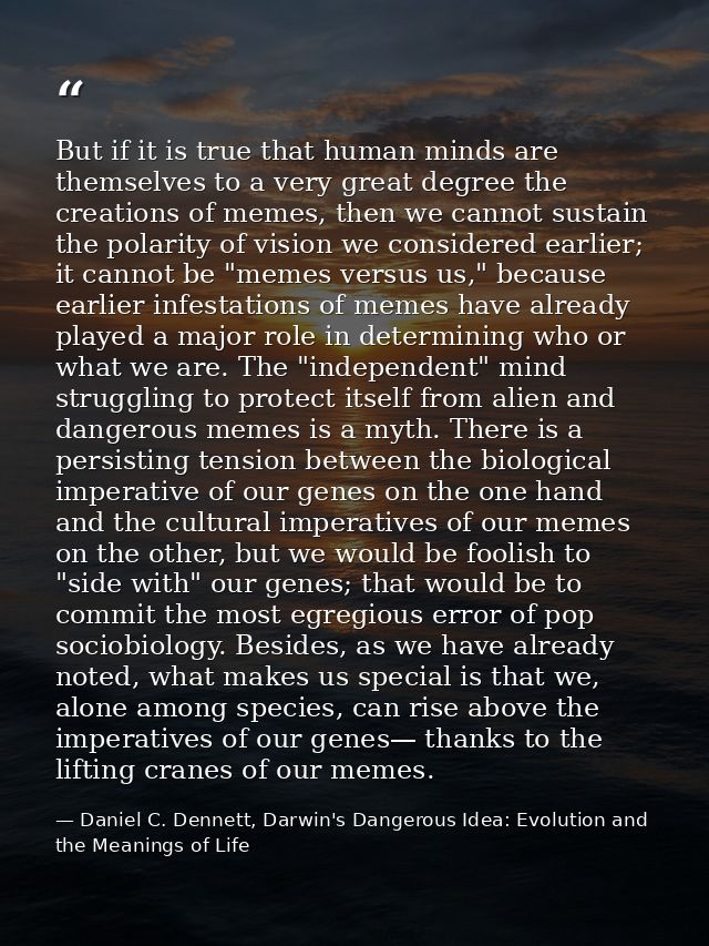 But if it is true that human minds are themselves to a very great degree the creations of memes, then we cannot sustain  — Daniel C. Dennett, Darwin's Dangerous Idea: Evolution and the Meanings of Life
