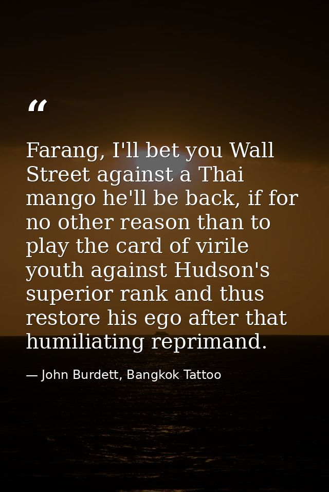 Farang, I'll bet you Wall Street against a Thai mango he'll be back, if for no other reason than to play the card of vir — John Burdett, Bangkok Tattoo