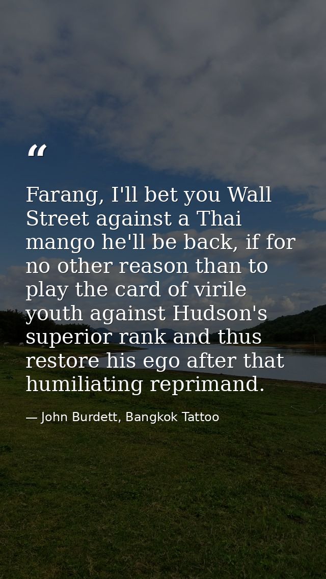 Farang, I'll bet you Wall Street against a Thai mango he'll be back, if for no other reason than to play the card of vir — John Burdett, Bangkok Tattoo