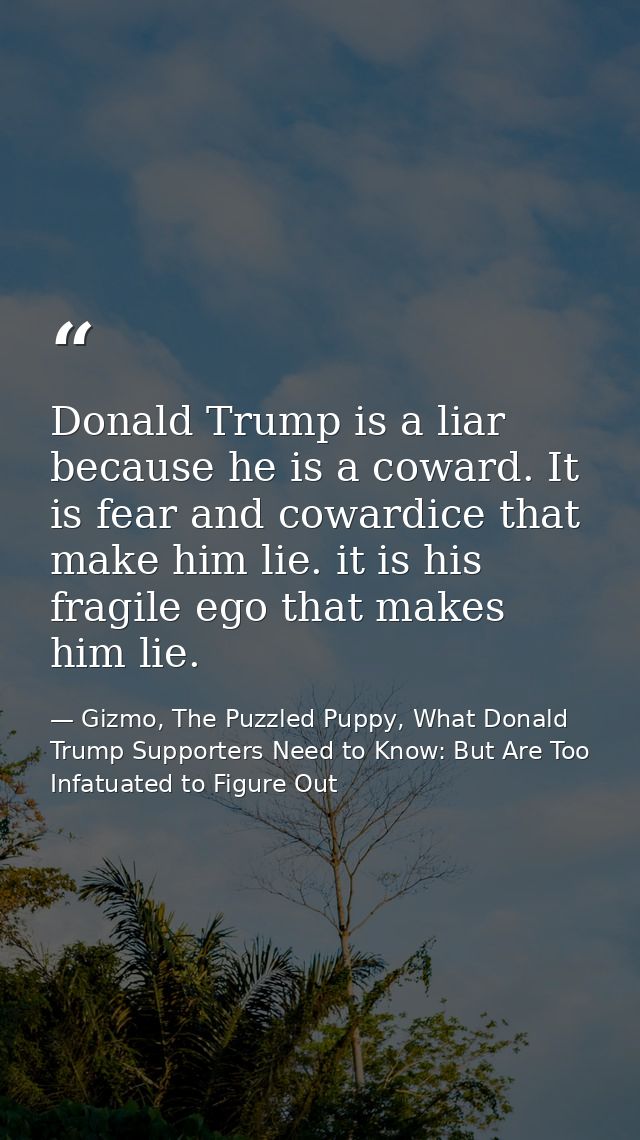 Donald Trump is a liar because he is a coward. It is fear and cowardice that make him lie. it is his fragile ego that ma — Gizmo, The Puzzled Puppy, What Donald Trump Supporters Need to Know: But Are Too Infatuated to Figure Out