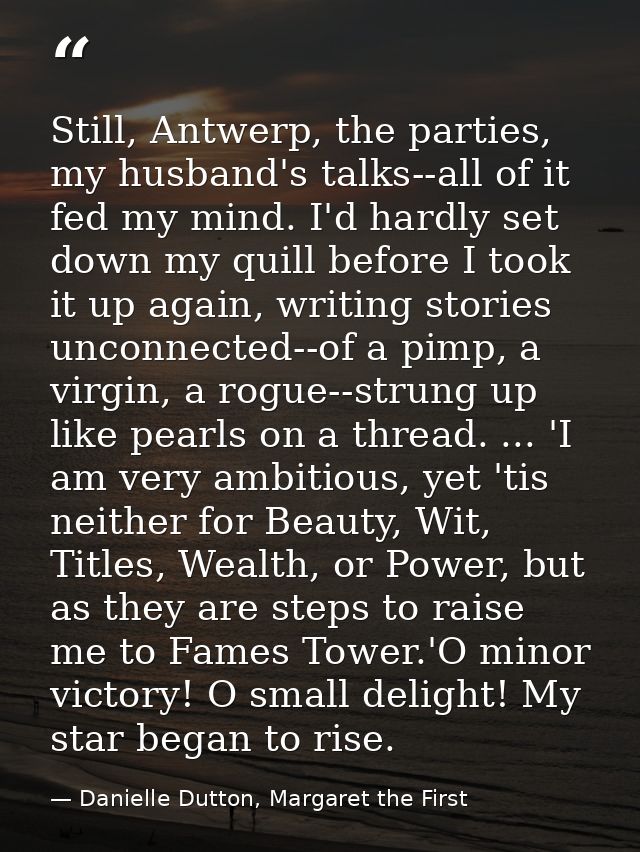 Still, Antwerp, the parties, my husband's talks--all of it fed my mind. I'd hardly set down my quill before I took it up — Danielle Dutton, Margaret the First