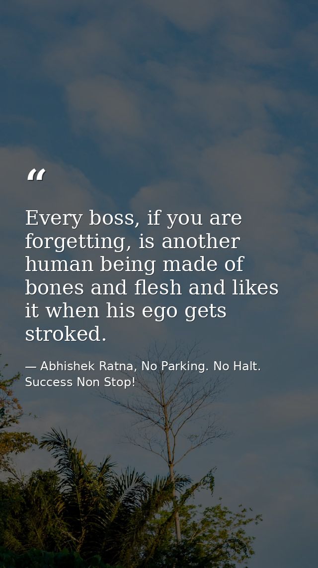 Every boss, if you are forgetting, is another human being made of bones and flesh and likes it when his ego gets stroked — Abhishek Ratna, No Parking. No Halt. Success Non Stop!