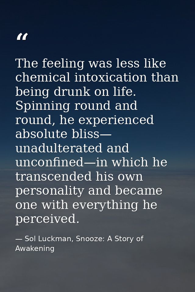 The feeling was less like chemical intoxication than being drunk on life. Spinning round and round, he experienced absol — Sol Luckman, Snooze: A Story of Awakening