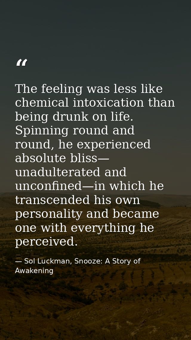 The feeling was less like chemical intoxication than being drunk on life. Spinning round and round, he experienced absol — Sol Luckman, Snooze: A Story of Awakening