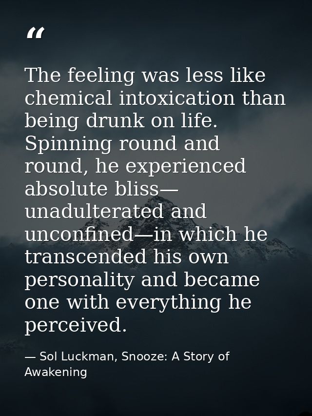 The feeling was less like chemical intoxication than being drunk on life. Spinning round and round, he experienced absol — Sol Luckman, Snooze: A Story of Awakening