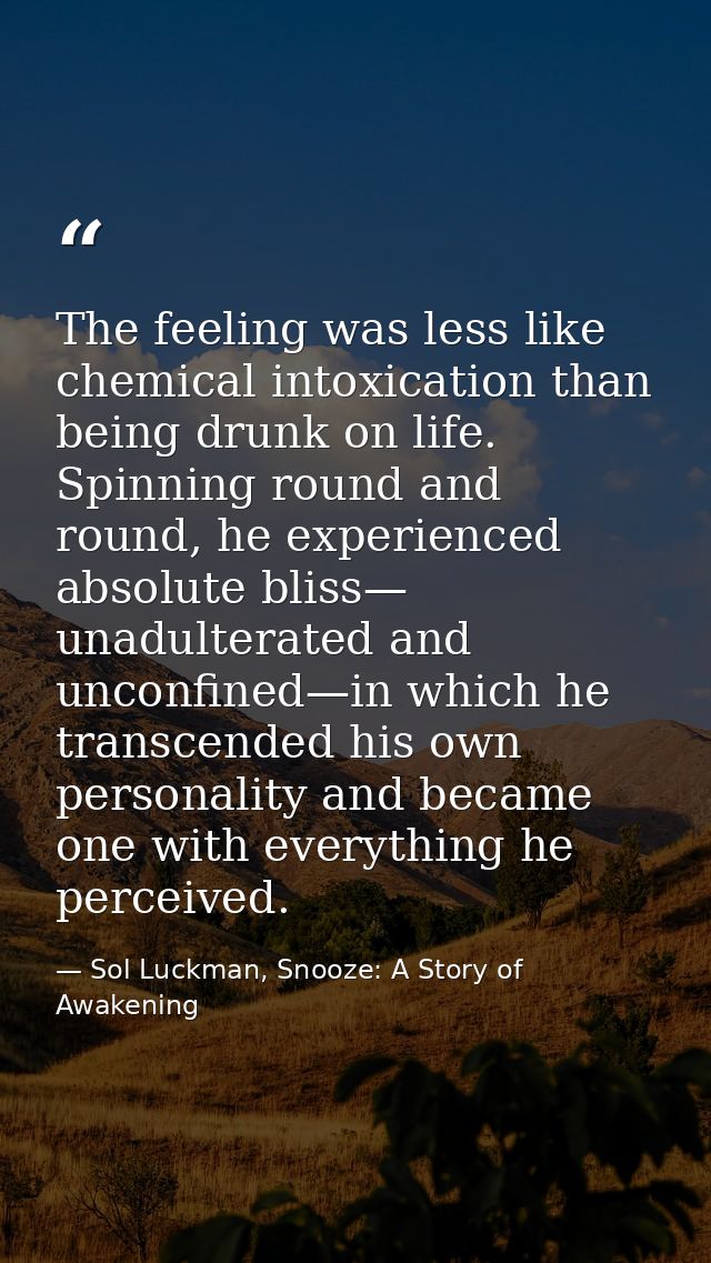 The feeling was less like chemical intoxication than being drunk on life. Spinning round and round, he experienced absol — Sol Luckman, Snooze: A Story of Awakening
