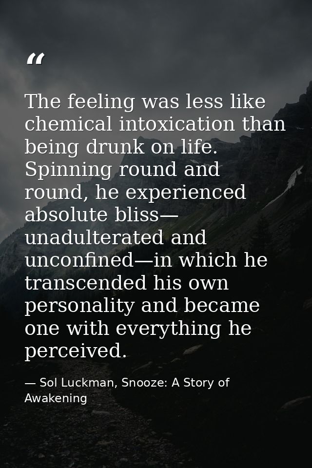 The feeling was less like chemical intoxication than being drunk on life. Spinning round and round, he experienced absol — Sol Luckman, Snooze: A Story of Awakening
