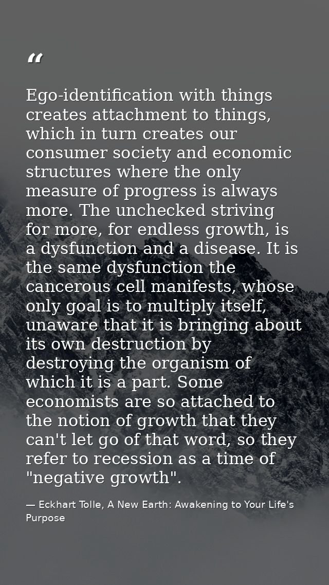 Ego-identification with things creates attachment to things, which in turn creates our consumer society and economic str — Eckhart Tolle, A New Earth: Awakening to Your Life's Purpose