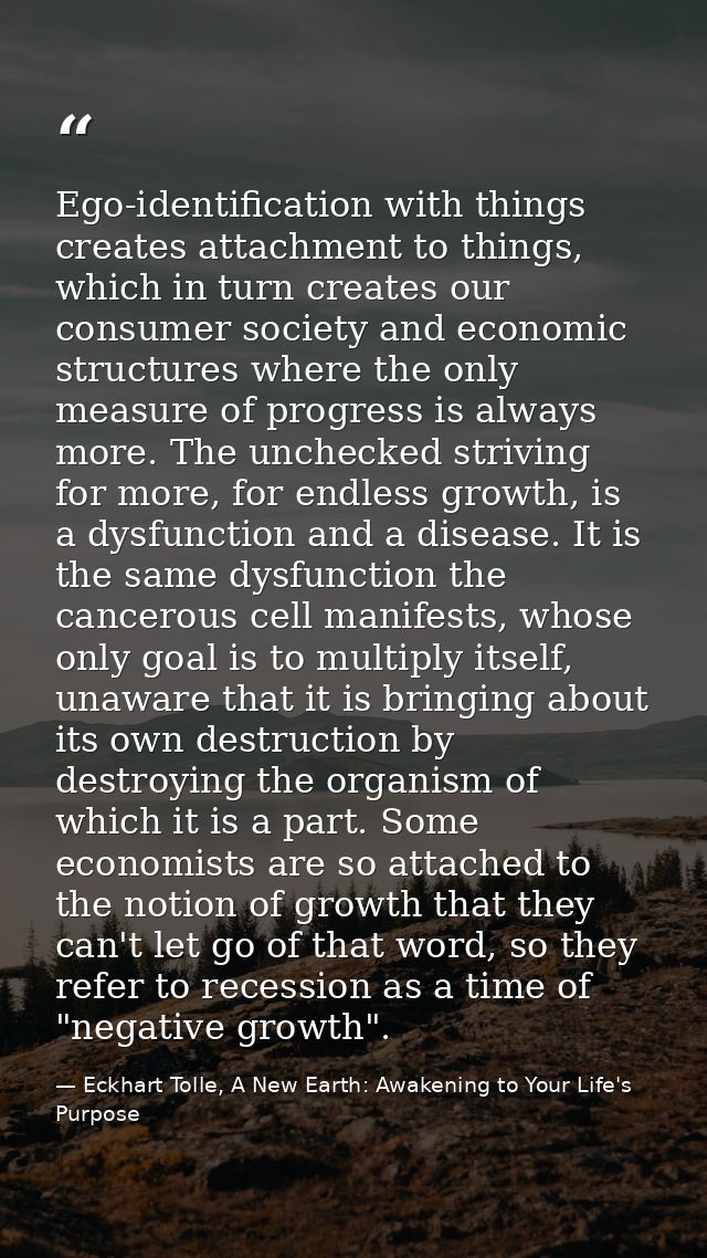 Ego-identification with things creates attachment to things, which in turn creates our consumer society and economic str — Eckhart Tolle, A New Earth: Awakening to Your Life's Purpose