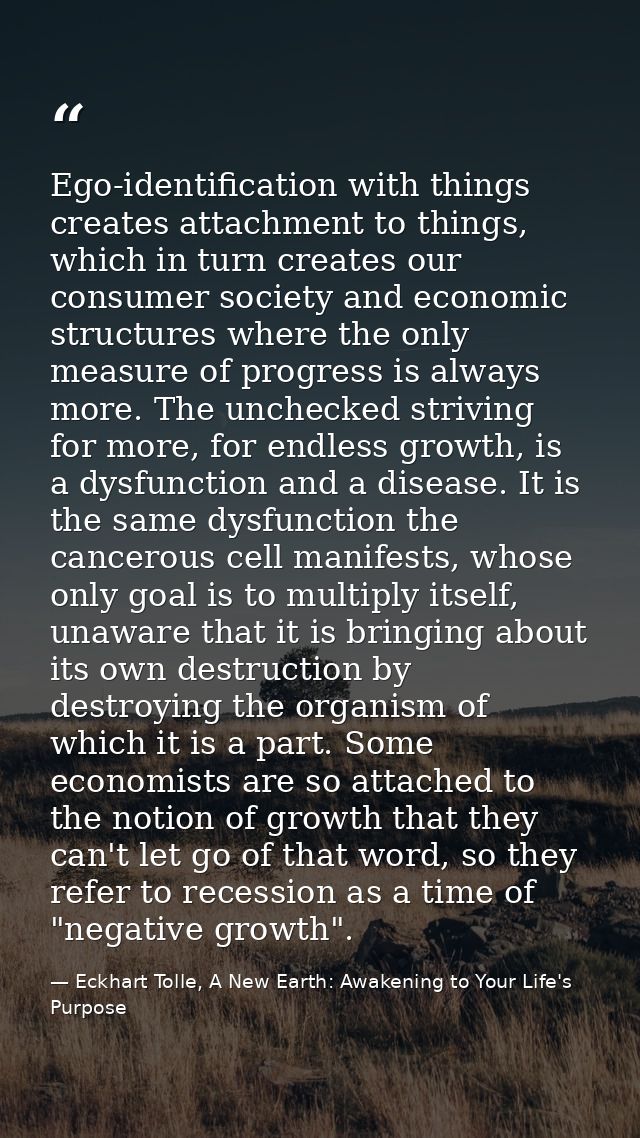 Ego-identification with things creates attachment to things, which in turn creates our consumer society and economic str — Eckhart Tolle, A New Earth: Awakening to Your Life's Purpose