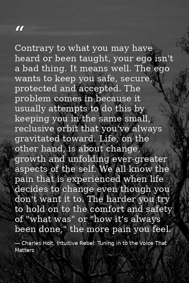 Contrary to what you may have heard or been taught, your ego isn't a bad thing. It means well. The ego wants to keep you — Charles Holt, Intuitive Rebel: Tuning in to the Voice That Matters