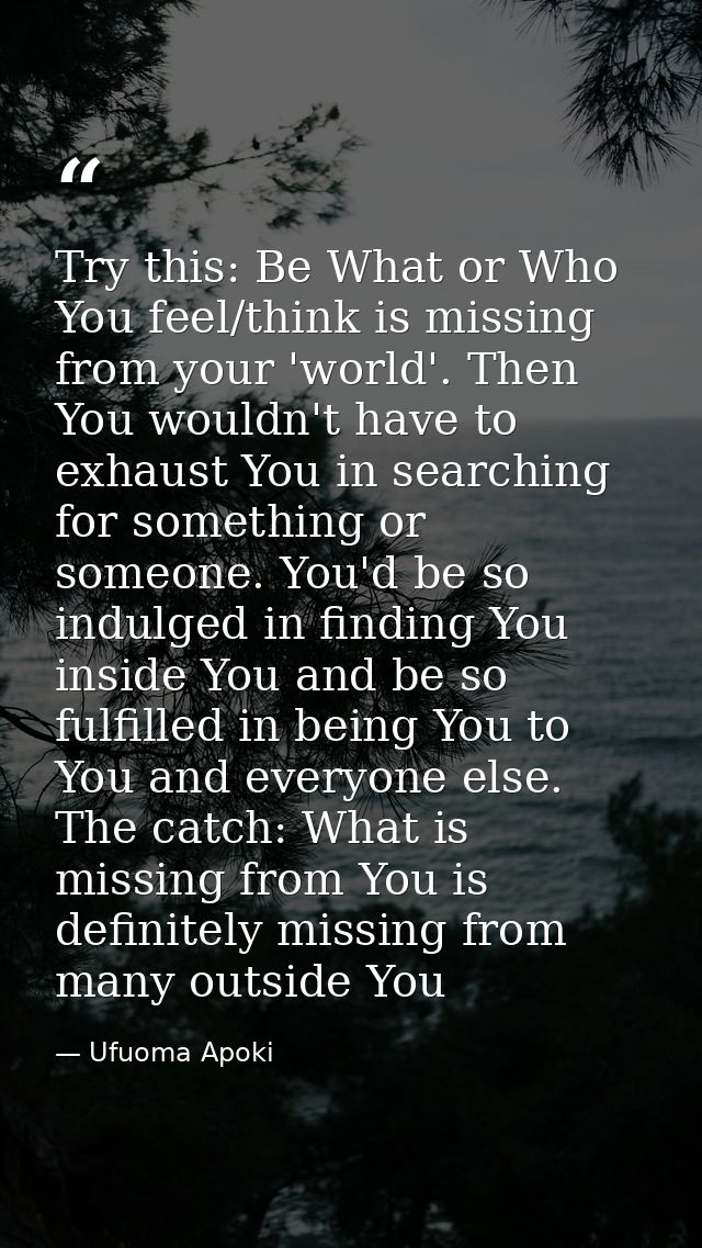 Try this: Be What or Who You feel/think is missing from your 'world'. Then You wouldn't have to exhaust You in searching — Ufuoma Apoki