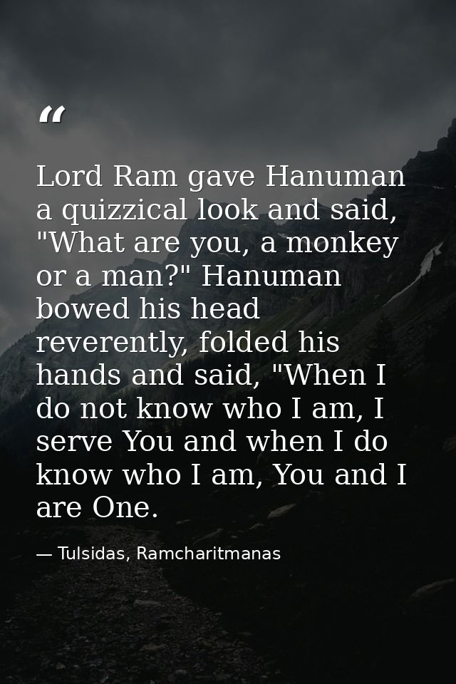 Lord Ram gave Hanuman a quizzical look and said, "What are you, a monkey or a man?" Hanuman bowed his head reverently, f — Tulsidas, Ramcharitmanas