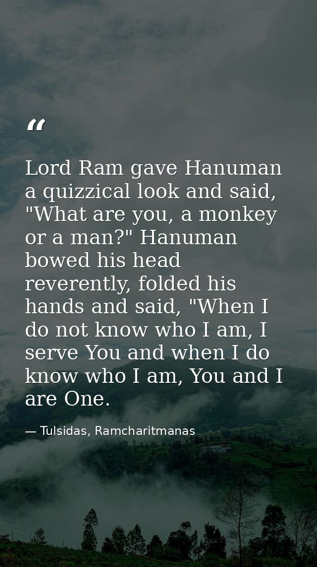 Lord Ram gave Hanuman a quizzical look and said, "What are you, a monkey or a man?" Hanuman bowed his head reverently, f — Tulsidas, Ramcharitmanas