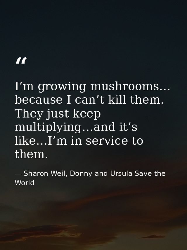 I’m growing mushrooms… because I can’t kill them. They just keep multiplying…and it’s like…I’m in service to them. — Sharon Weil, Donny and Ursula Save the World