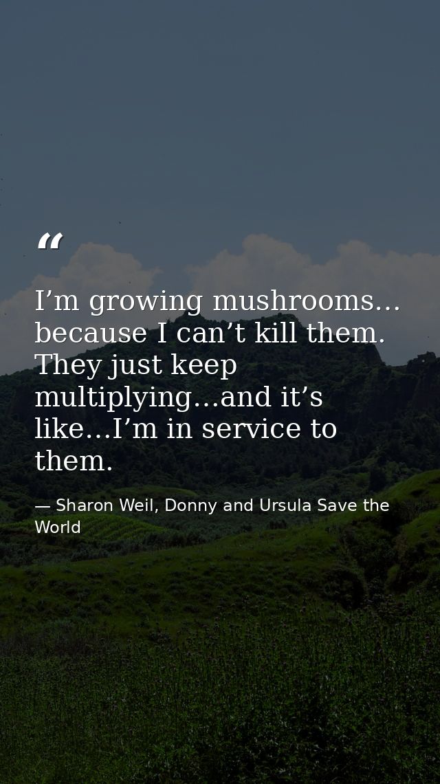 I’m growing mushrooms… because I can’t kill them. They just keep multiplying…and it’s like…I’m in service to them. — Sharon Weil, Donny and Ursula Save the World