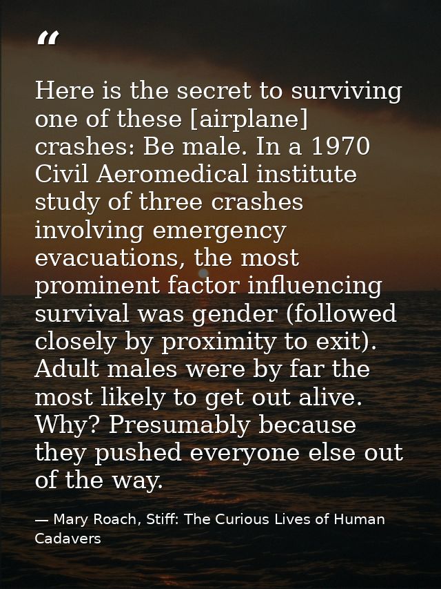 Here is the secret to surviving one of these [airplane] crashes: Be male. In a 1970 Civil Aeromedical institute study of — Mary Roach, Stiff: The Curious Lives of Human Cadavers