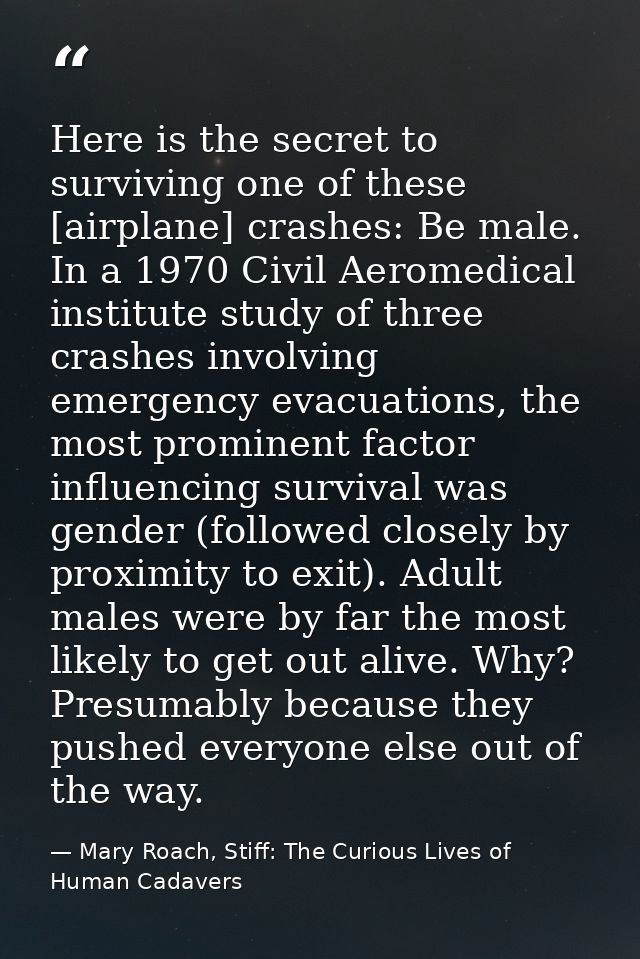 Here is the secret to surviving one of these [airplane] crashes: Be male. In a 1970 Civil Aeromedical institute study of — Mary Roach, Stiff: The Curious Lives of Human Cadavers