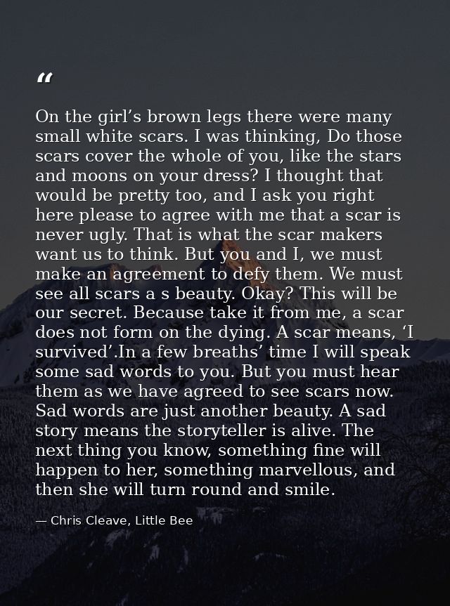 On the girl’s brown legs there were many small white scars. I was thinking, Do those scars cover the whole of you, like  — Chris Cleave, Little Bee