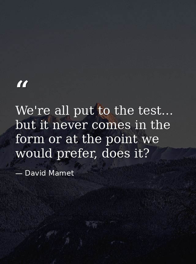 We're all put to the test... but it never comes in the form or at the point we would prefer, does it? — David Mamet