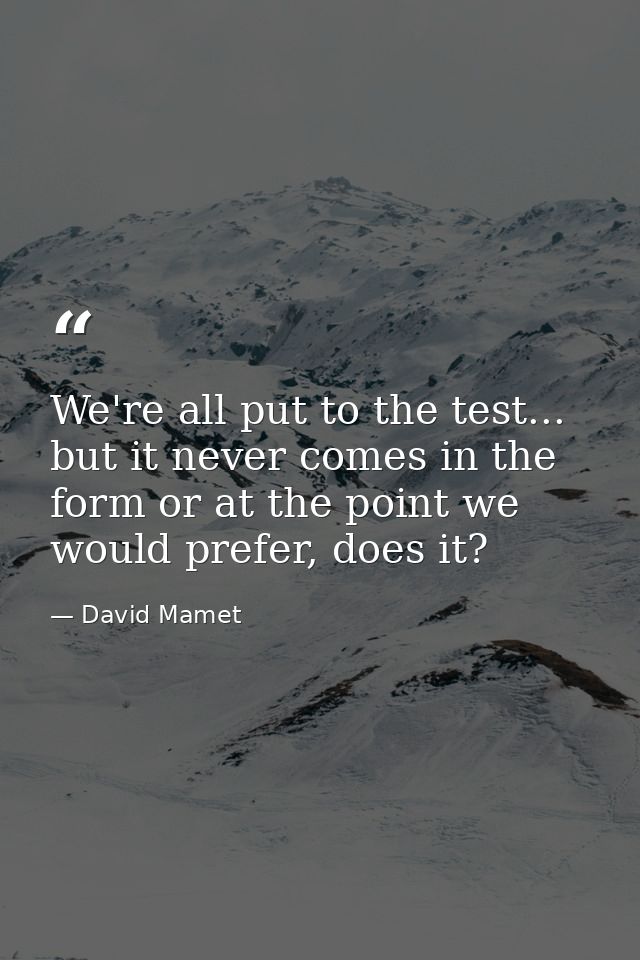 We're all put to the test... but it never comes in the form or at the point we would prefer, does it? — David Mamet