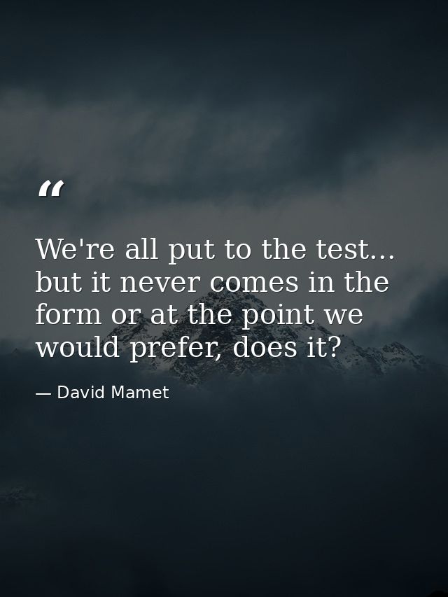 We're all put to the test... but it never comes in the form or at the point we would prefer, does it? — David Mamet