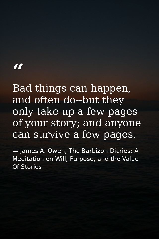 Bad things can happen, and often do--but they only take up a few pages of your story; and anyone can survive a few pages — James A. Owen, The Barbizon Diaries: A Meditation on Will, Purpose, and the Value Of Stories