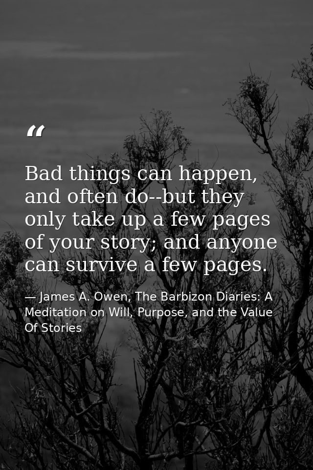 Bad things can happen, and often do--but they only take up a few pages of your story; and anyone can survive a few pages — James A. Owen, The Barbizon Diaries: A Meditation on Will, Purpose, and the Value Of Stories