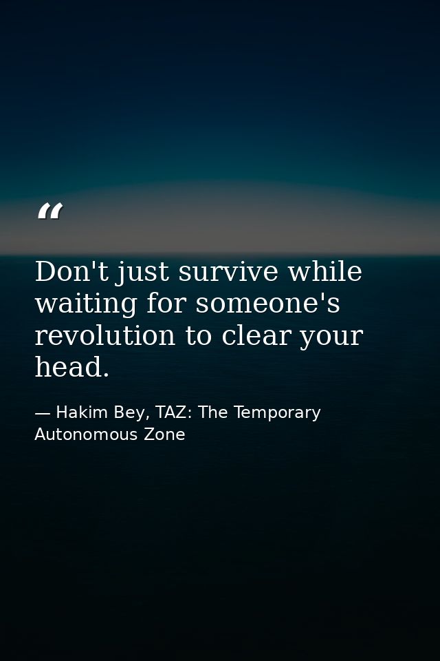 Don't just survive while waiting for someone's revolution to clear your head. — Hakim Bey, TAZ: The Temporary Autonomous Zone
