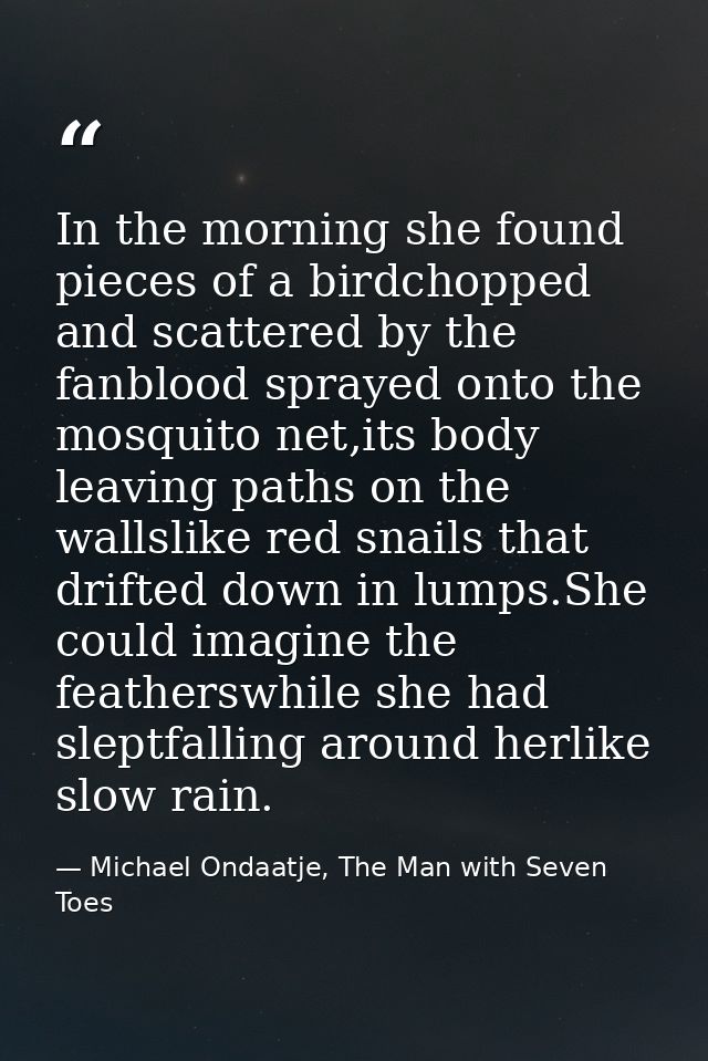 In the morning she found pieces of a birdchopped and scattered by the fanblood sprayed onto the mosquito net,its body le — Michael Ondaatje, The Man with Seven Toes