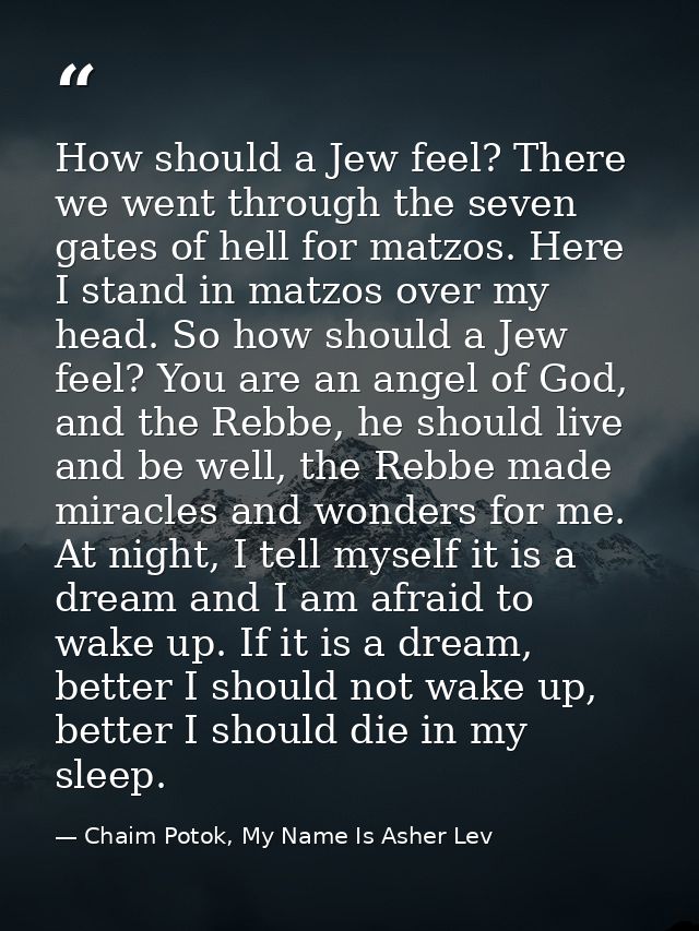 How should a Jew feel? There we went through the seven gates of hell for matzos. Here I stand in matzos over my head. So — Chaim Potok, My Name Is Asher Lev