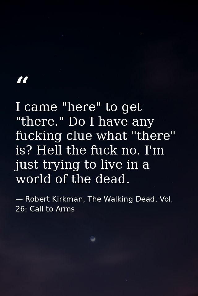 I came "here" to get "there." Do I have any fucking clue what "there" is? Hell the fuck no. I'm just trying to live in a — Robert Kirkman, The Walking Dead, Vol. 26: Call to Arms