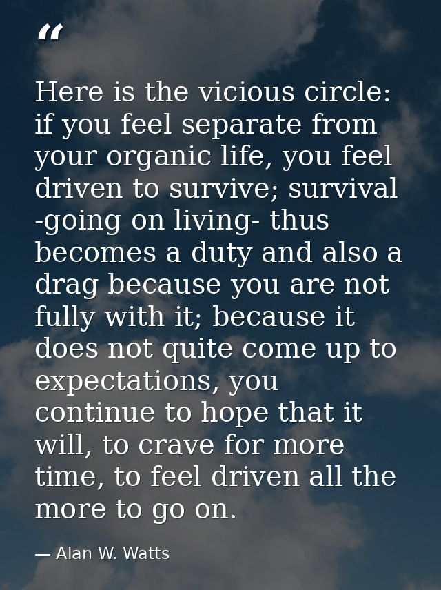 Here is the vicious circle: if you feel separate from your organic life, you feel driven to survive; survival -going on  — Alan W. Watts