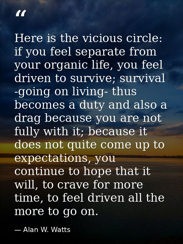 Here is the vicious circle: if you feel separate from your organic life, you feel driven to survive; survival -going on  — Alan W. Watts