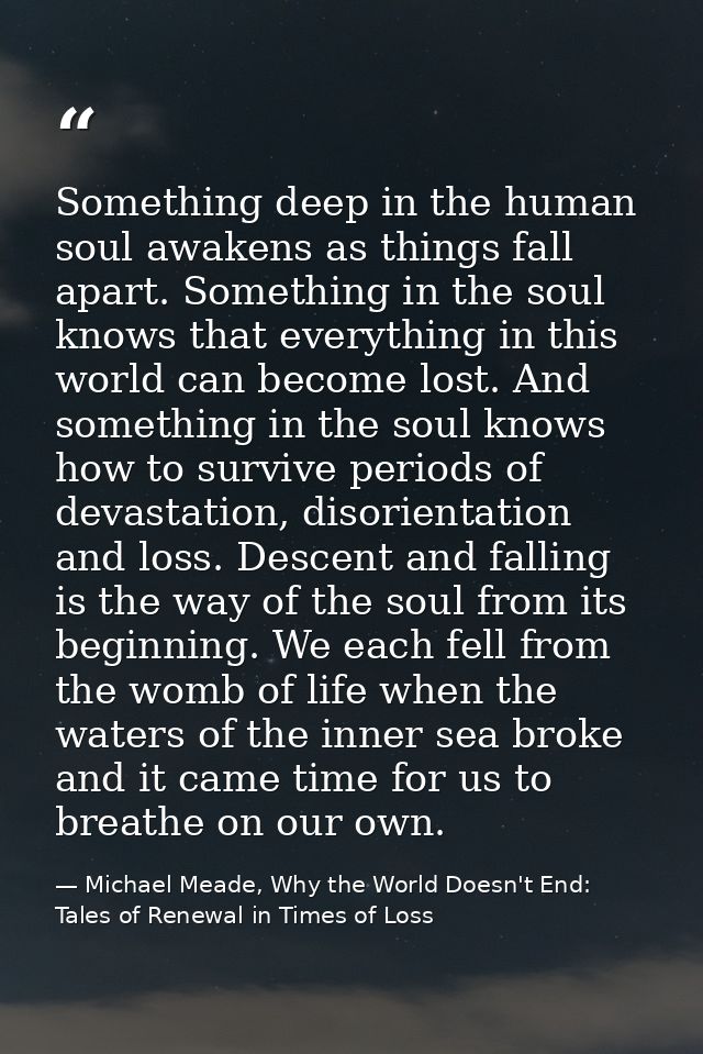 Something deep in the human soul awakens as things fall apart. Something in the soul knows that everything in this world — Michael Meade, Why the World Doesn't End: Tales of Renewal in Times of Loss