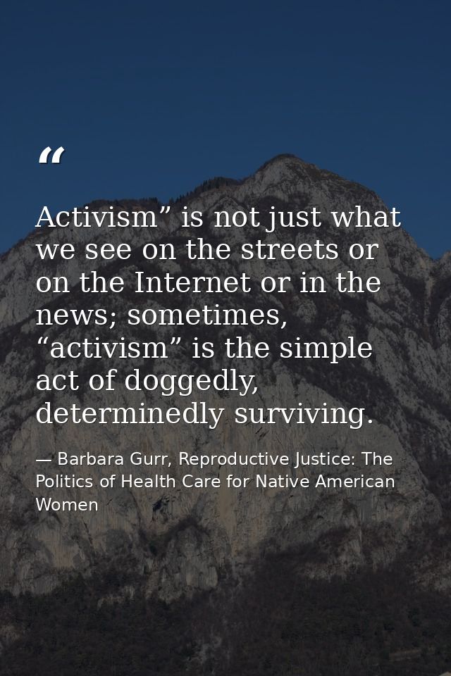 Activism” is not just what we see on the streets or on the Internet or in the news; sometimes, “activism” is the simple  — Barbara Gurr, Reproductive Justice: The Politics of Health Care for Native American Women
