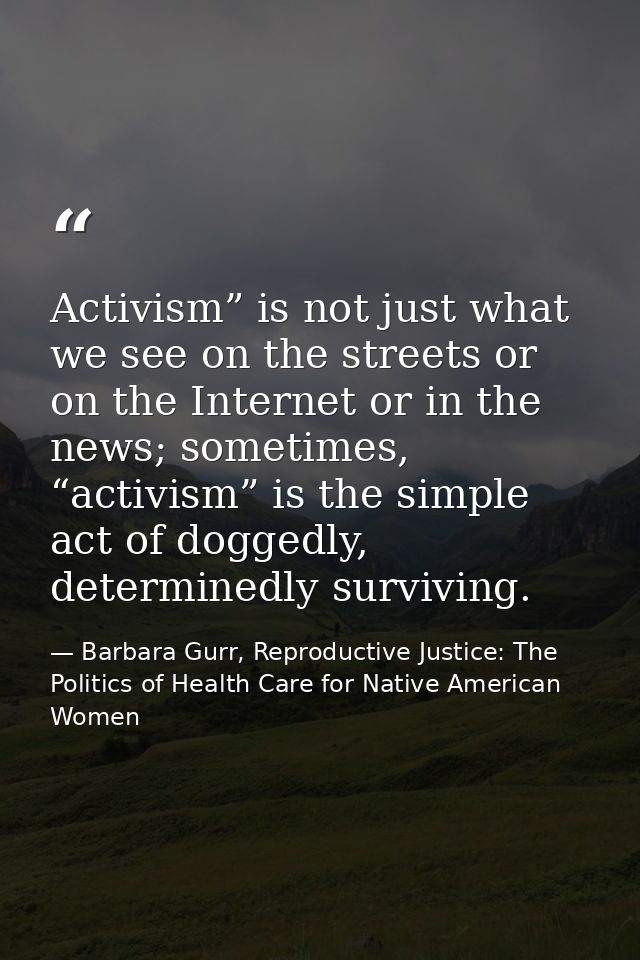 Activism” is not just what we see on the streets or on the Internet or in the news; sometimes, “activism” is the simple  — Barbara Gurr, Reproductive Justice: The Politics of Health Care for Native American Women