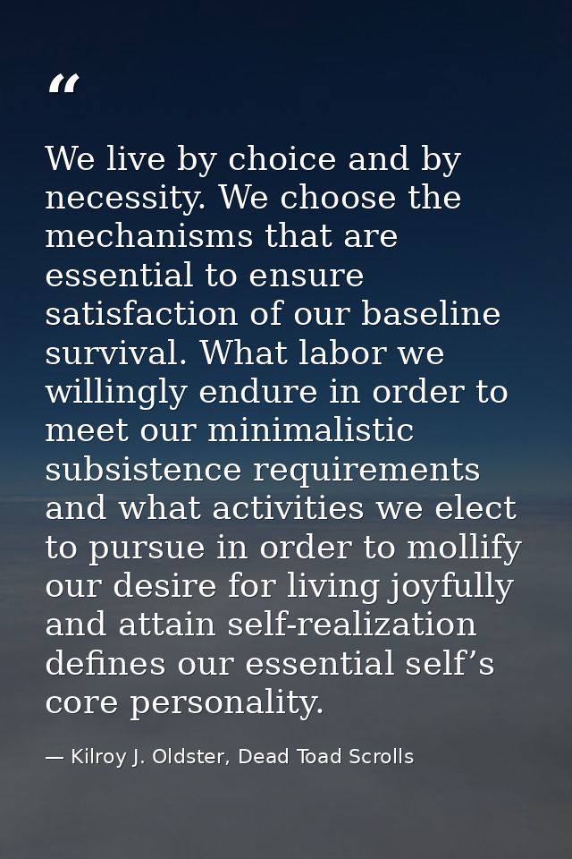 We live by choice and by necessity. We choose the mechanisms that are essential to ensure satisfaction of our baseline s — Kilroy J. Oldster, Dead Toad Scrolls