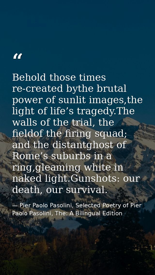Behold those times re-created bythe brutal power of sunlit images,the light of life’s tragedy.The walls of the trial, th — Pier Paolo Pasolini, Selected Poetry of Pier Paolo Pasolini, The: A Bilingual Edition