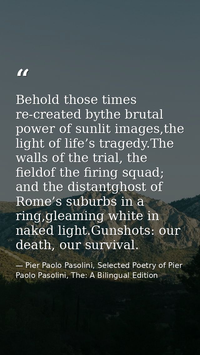 Behold those times re-created bythe brutal power of sunlit images,the light of life’s tragedy.The walls of the trial, th — Pier Paolo Pasolini, Selected Poetry of Pier Paolo Pasolini, The: A Bilingual Edition