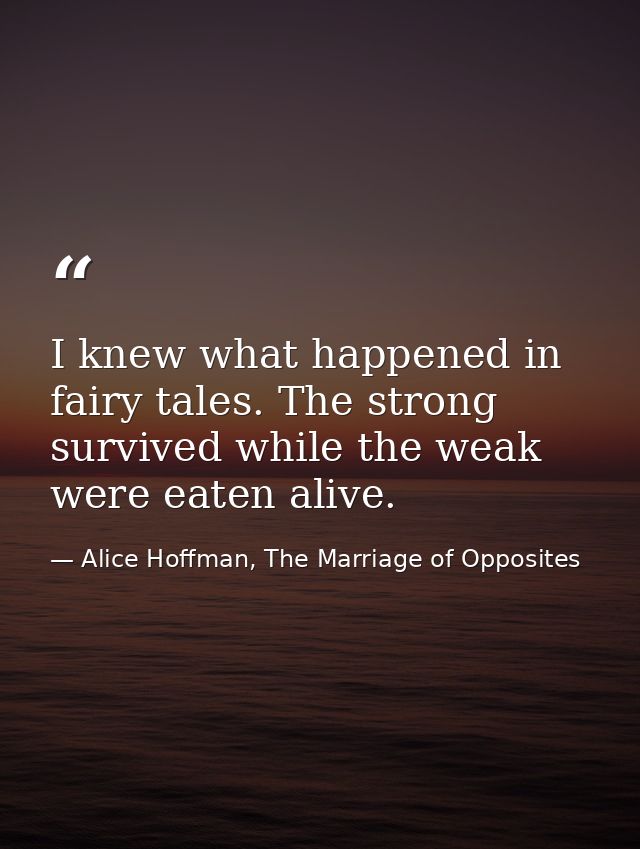 I knew what happened in fairy tales. The strong survived while the weak were eaten alive. — Alice Hoffman, The Marriage of Opposites