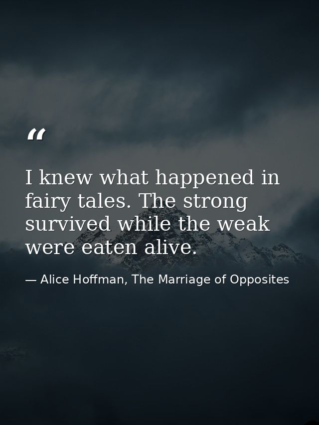 I knew what happened in fairy tales. The strong survived while the weak were eaten alive. — Alice Hoffman, The Marriage of Opposites