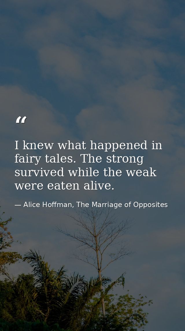 I knew what happened in fairy tales. The strong survived while the weak were eaten alive. — Alice Hoffman, The Marriage of Opposites